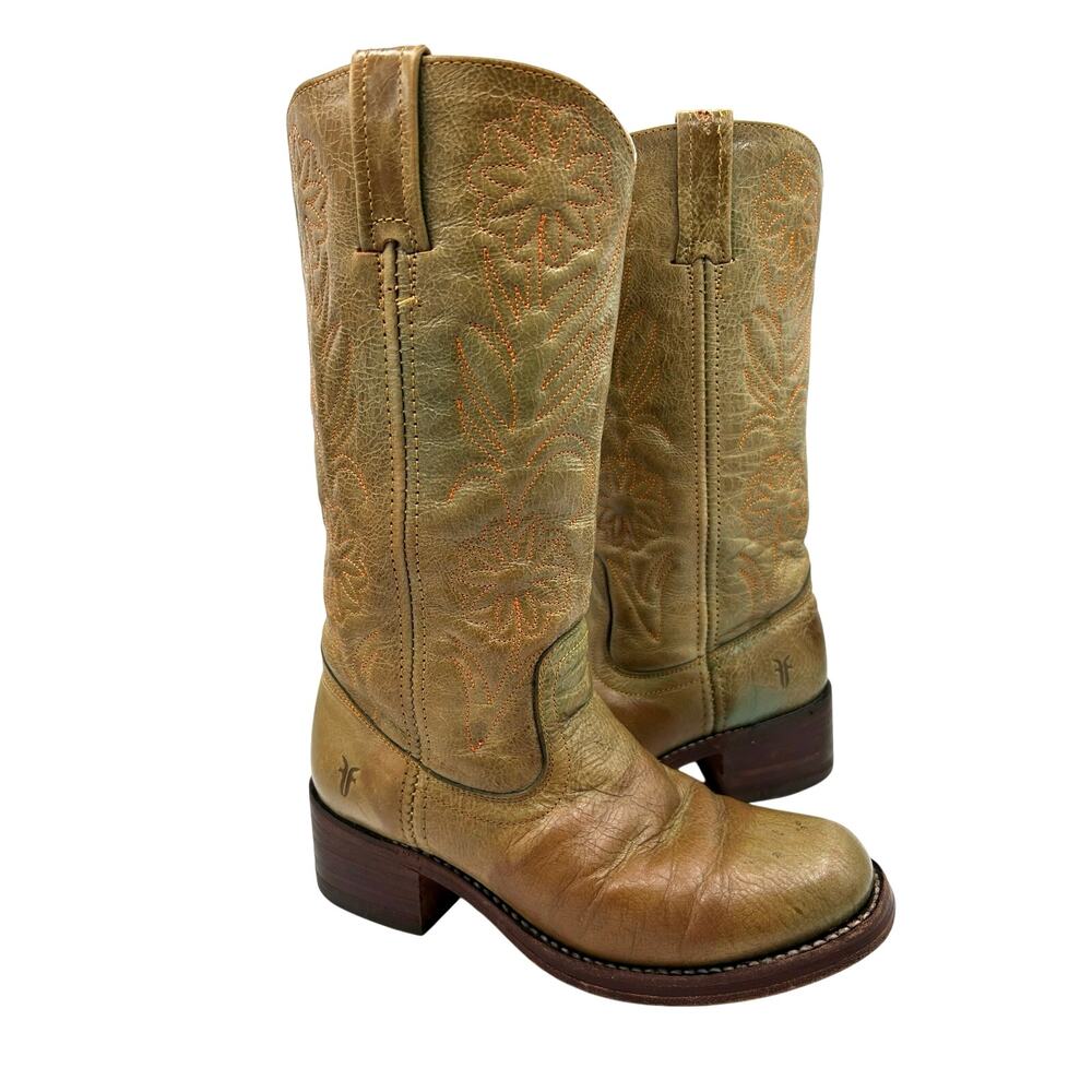 RARE VTG FRYE Campus FLOWER  western boots. Green Camel LEATHER Women’s SZ 7.5